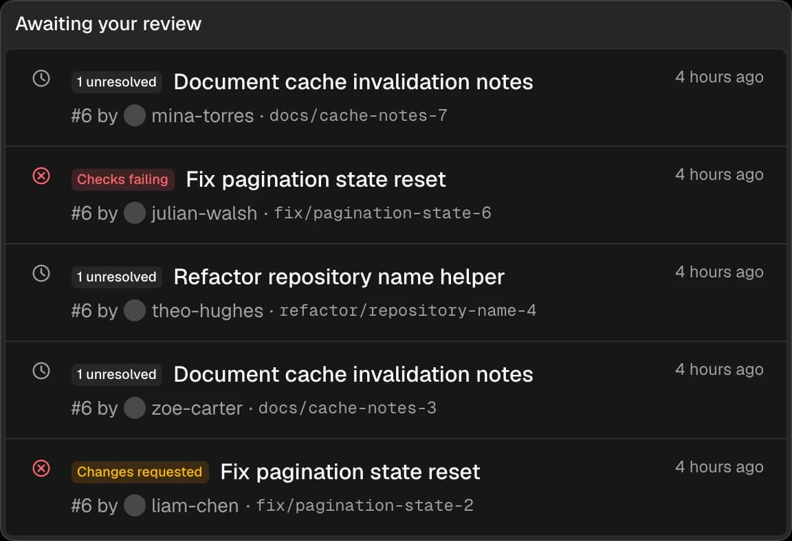 The review queue in open-git: pull requests awaiting your review, each showing check status and unresolved comment count.